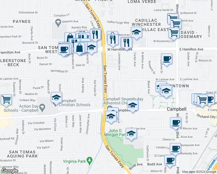 map of restaurants, bars, coffee shops, grocery stores, and more near 590 Latimer Circle in Campbell