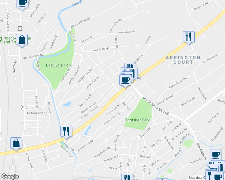 map of restaurants, bars, coffee shops, grocery stores, and more near 1912 Archbold Avenue Northeast in Roanoke