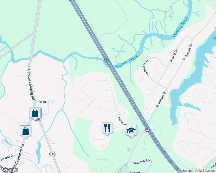 map of restaurants, bars, coffee shops, grocery stores, and more near 703 Schooner Boulevard in Williamsburg