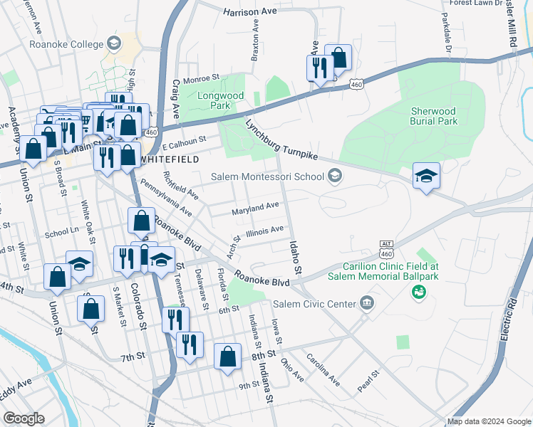 map of restaurants, bars, coffee shops, grocery stores, and more near 820 Maryland Avenue in Salem