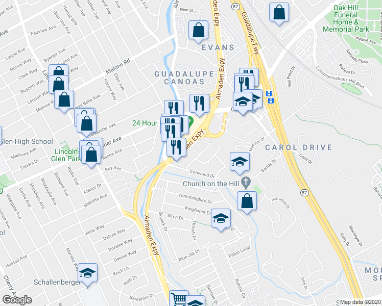 map of restaurants, bars, coffee shops, grocery stores, and more near 2415 Rinconada Drive in San Jose
