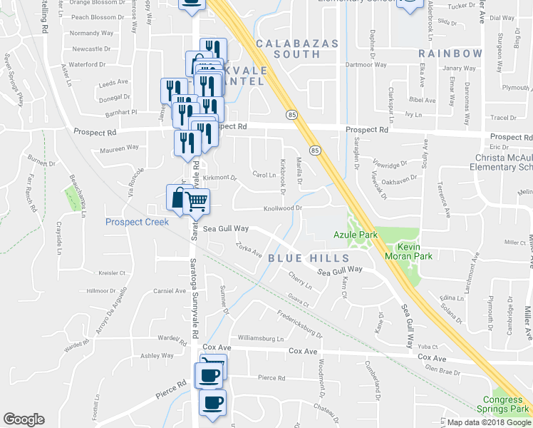 map of restaurants, bars, coffee shops, grocery stores, and more near 20266 Knollwood Drive in Saratoga