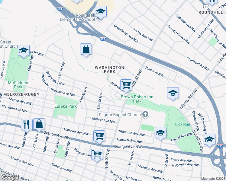 map of restaurants, bars, coffee shops, grocery stores, and more near 1102 Syracuse Avenue Northwest in Roanoke