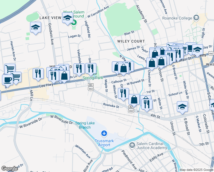 map of restaurants, bars, coffee shops, grocery stores, and more near 108 Maple Street in Salem