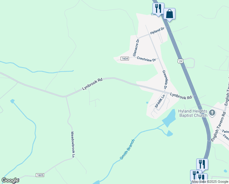 map of restaurants, bars, coffee shops, grocery stores, and more near 670 Lynbrook Road in Rustburg