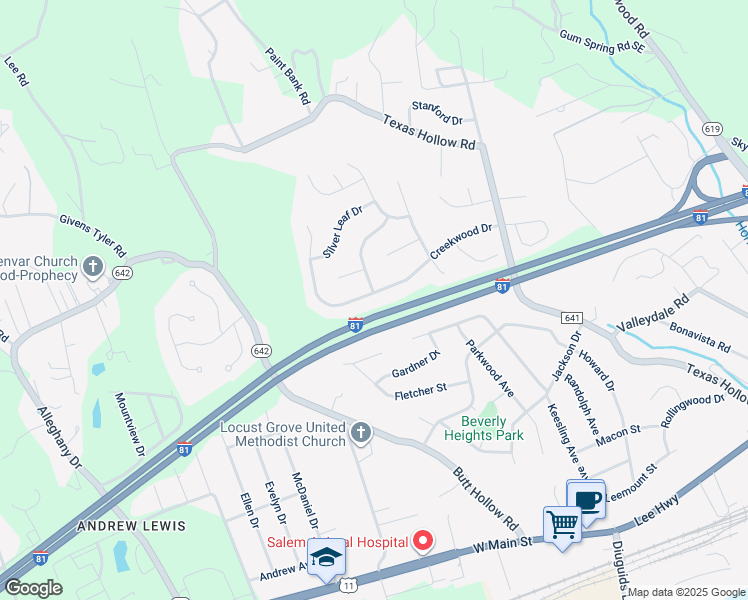 map of restaurants, bars, coffee shops, grocery stores, and more near 2880 Creekwood Drive in Salem