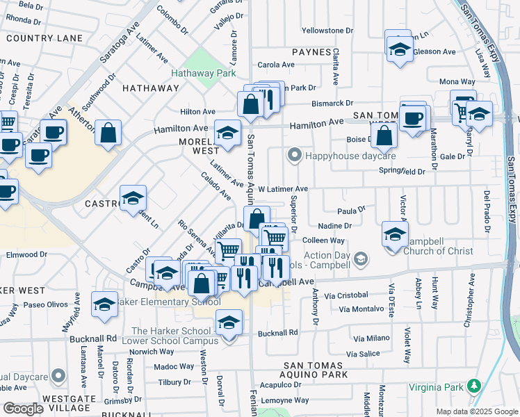 map of restaurants, bars, coffee shops, grocery stores, and more near 268 San Tomas Aquino Road in Campbell