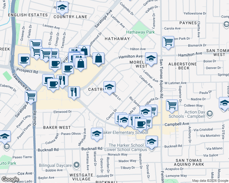 map of restaurants, bars, coffee shops, grocery stores, and more near 4676 Mossbrook Circle in San Jose