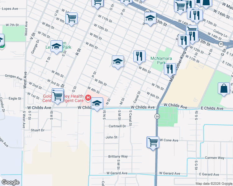 map of restaurants, bars, coffee shops, grocery stores, and more near 430 N Street in Merced