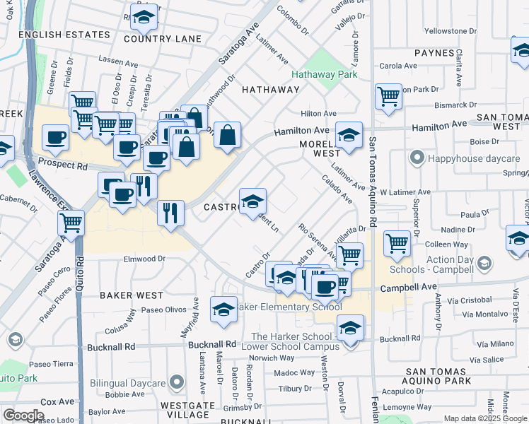 map of restaurants, bars, coffee shops, grocery stores, and more near 4676 Mossbrook Circle in San Jose