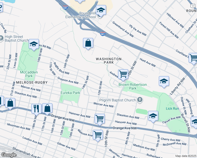 map of restaurants, bars, coffee shops, grocery stores, and more near 1208 Syracuse Avenue Northwest in Roanoke