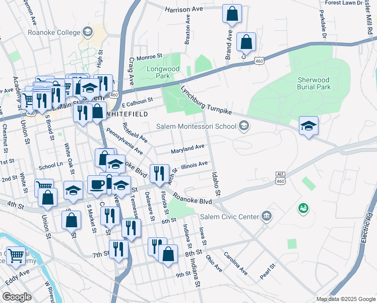 map of restaurants, bars, coffee shops, grocery stores, and more near 808 Maryland Avenue in Salem