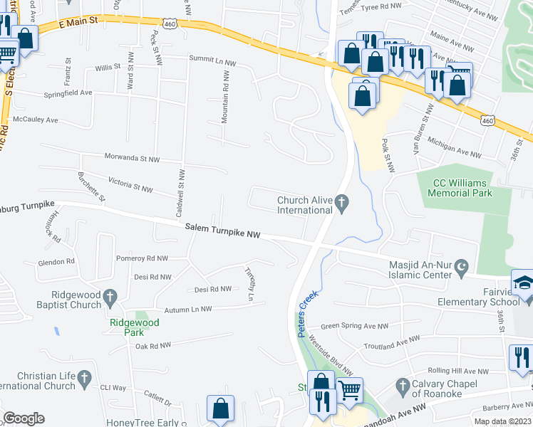 map of restaurants, bars, coffee shops, grocery stores, and more near 4314 Moomaw Avenue Northwest in Roanoke