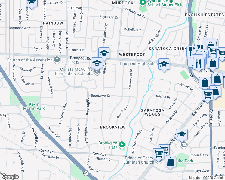 map of restaurants, bars, coffee shops, grocery stores, and more near 12250 Country Squire Lane in Saratoga