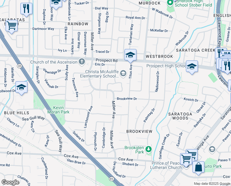 map of restaurants, bars, coffee shops, grocery stores, and more near 12288 Miller Avenue in Saratoga