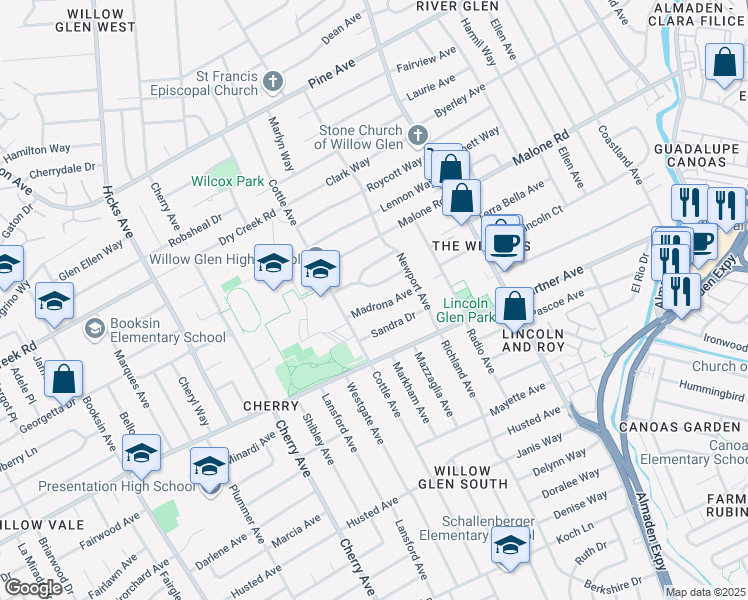 map of restaurants, bars, coffee shops, grocery stores, and more near 1251 Madrona Avenue in San Jose