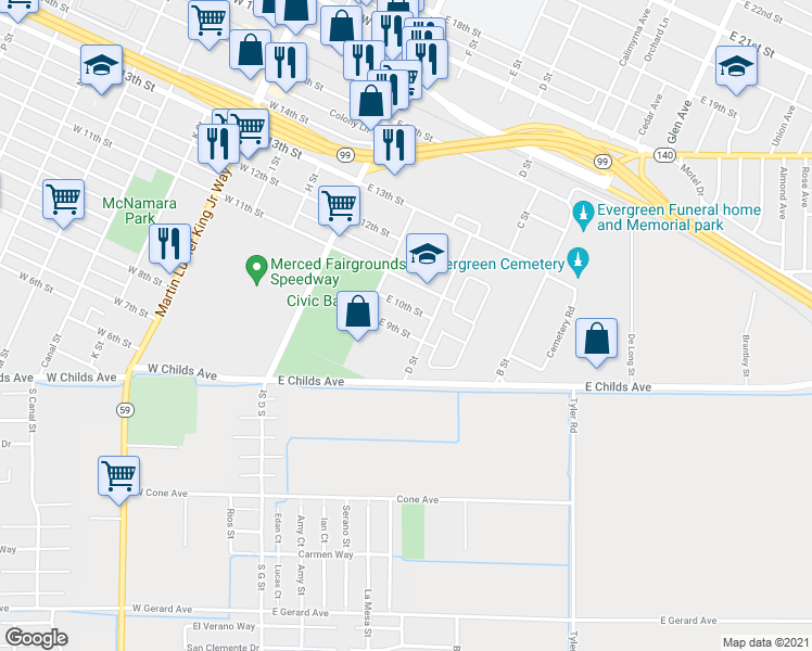 map of restaurants, bars, coffee shops, grocery stores, and more near 263 East 9th Street in Merced