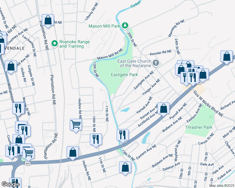 map of restaurants, bars, coffee shops, grocery stores, and more near 1335 North Avenue Northeast in Roanoke