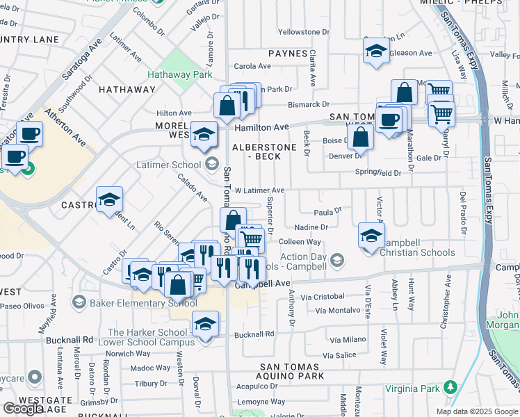 map of restaurants, bars, coffee shops, grocery stores, and more near 238 Erie Way in Campbell