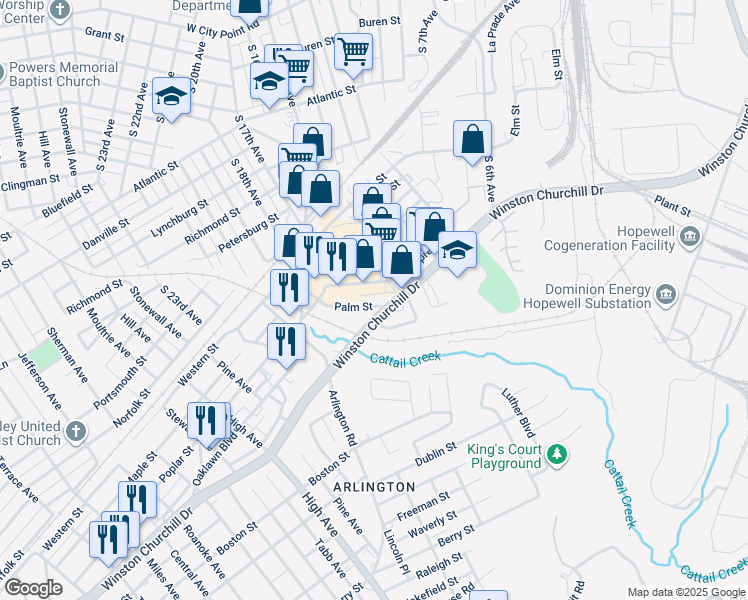 map of restaurants, bars, coffee shops, grocery stores, and more near 1111 Palm Street in Hopewell