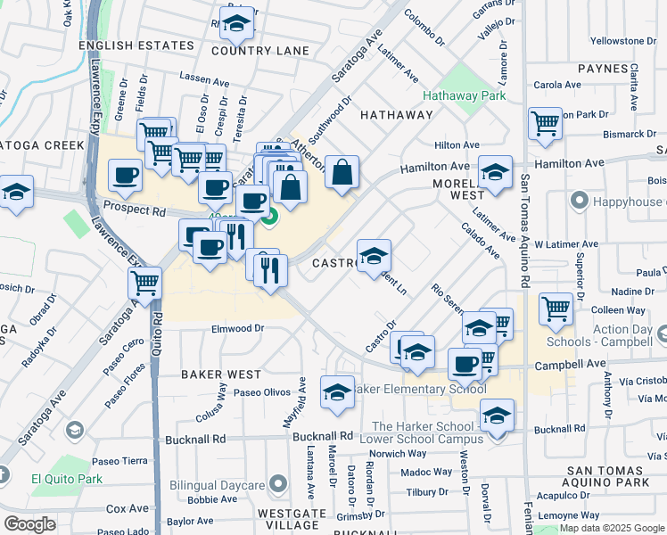 map of restaurants, bars, coffee shops, grocery stores, and more near 1762 Duvall Drive in San Jose