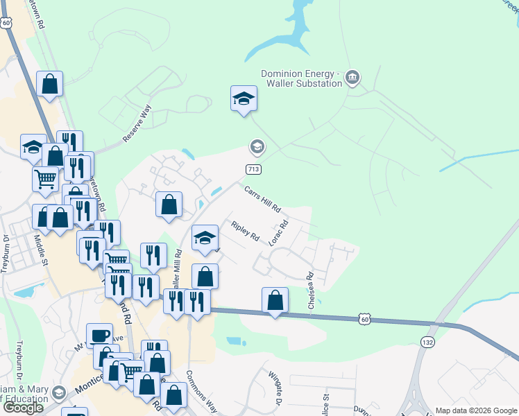 map of restaurants, bars, coffee shops, grocery stores, and more near 108 Carrs Hill Road in Williamsburg