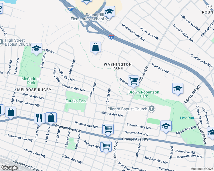 map of restaurants, bars, coffee shops, grocery stores, and more near 1208 Syracuse Avenue Northwest in Roanoke