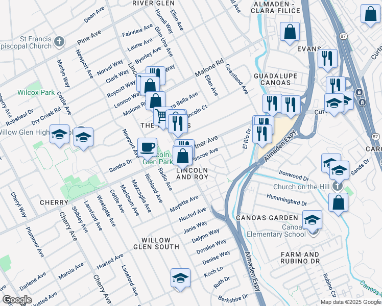map of restaurants, bars, coffee shops, grocery stores, and more near 1082 Curtner Avenue in San Jose