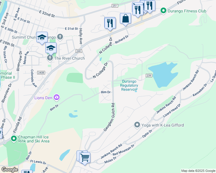 map of restaurants, bars, coffee shops, grocery stores, and more near 38 Tierra Verde Drive in Durango