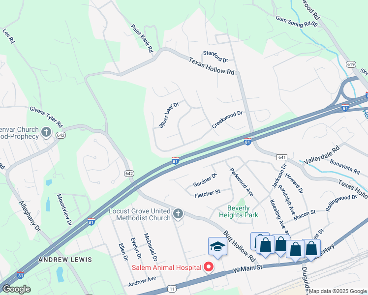 map of restaurants, bars, coffee shops, grocery stores, and more near 2880 Creekwood Drive in Salem