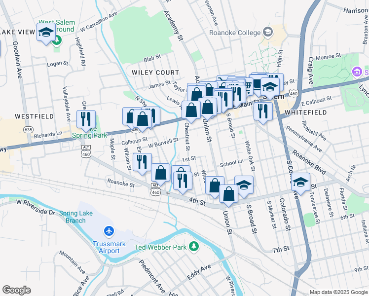 map of restaurants, bars, coffee shops, grocery stores, and more near 219 Chestnut Street in Salem