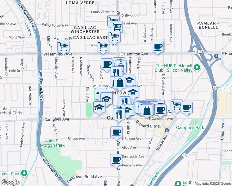 map of restaurants, bars, coffee shops, grocery stores, and more near in Campbell
