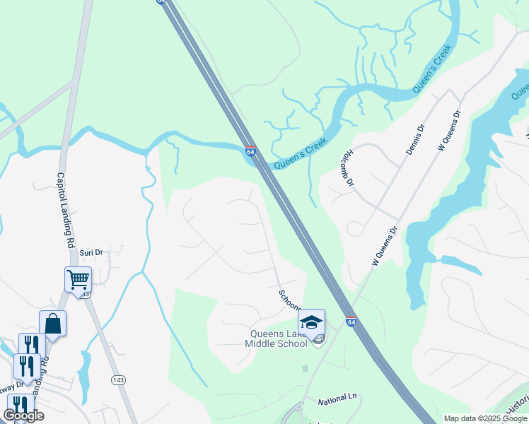 map of restaurants, bars, coffee shops, grocery stores, and more near 705 Schooner Boulevard in Williamsburg