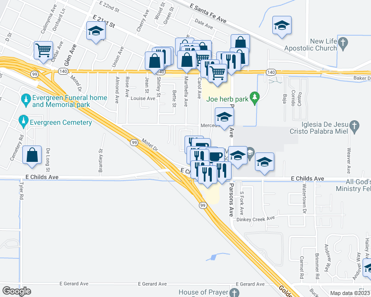 map of restaurants, bars, coffee shops, grocery stores, and more near 1810 Merced Avenue in Merced