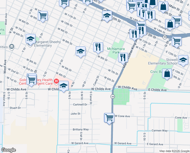 map of restaurants, bars, coffee shops, grocery stores, and more near 529 Canal Street in Merced