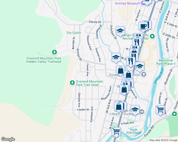 map of restaurants, bars, coffee shops, grocery stores, and more near 2305 Hermosa Avenue in Durango