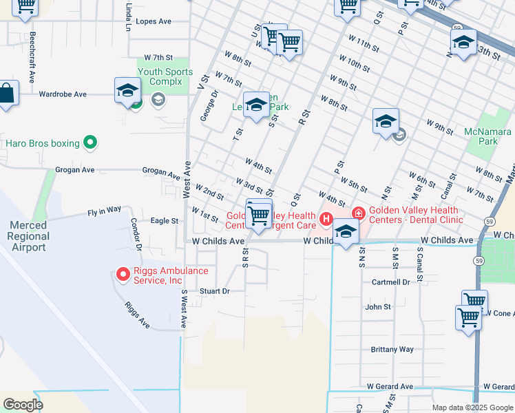 map of restaurants, bars, coffee shops, grocery stores, and more near 212 R Street in Merced