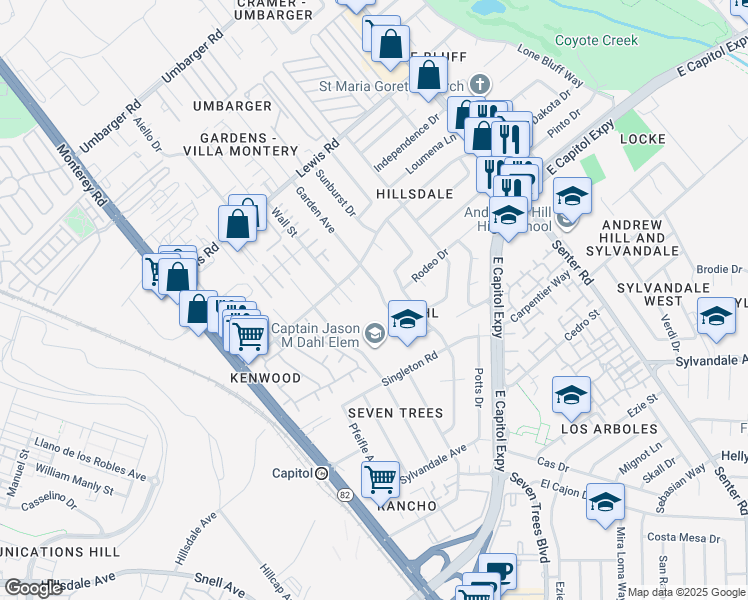 map of restaurants, bars, coffee shops, grocery stores, and more near 3178 Garden Avenue in San Jose
