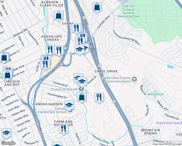 map of restaurants, bars, coffee shops, grocery stores, and more near 712 Mill Stream Drive in San Jose