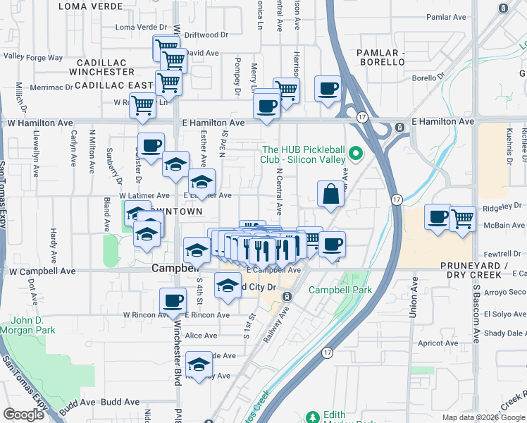 map of restaurants, bars, coffee shops, grocery stores, and more near 195 North Central Avenue in Campbell
