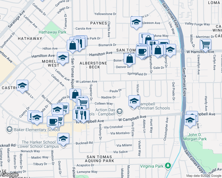 map of restaurants, bars, coffee shops, grocery stores, and more near 1204 West Latimer Avenue in Campbell