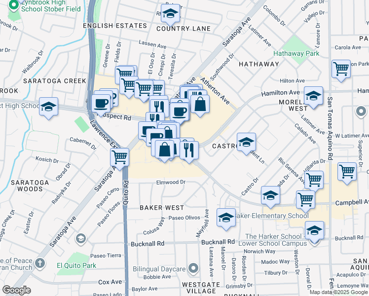 map of restaurants, bars, coffee shops, grocery stores, and more near 4980 Hamilton Avenue in San Jose