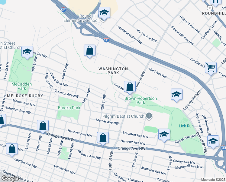 map of restaurants, bars, coffee shops, grocery stores, and more near 1114 Syracuse Avenue Northwest in Roanoke