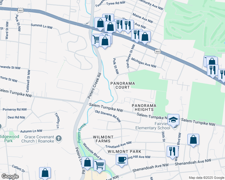 map of restaurants, bars, coffee shops, grocery stores, and more near 802 Westside Boulevard Northwest in Roanoke