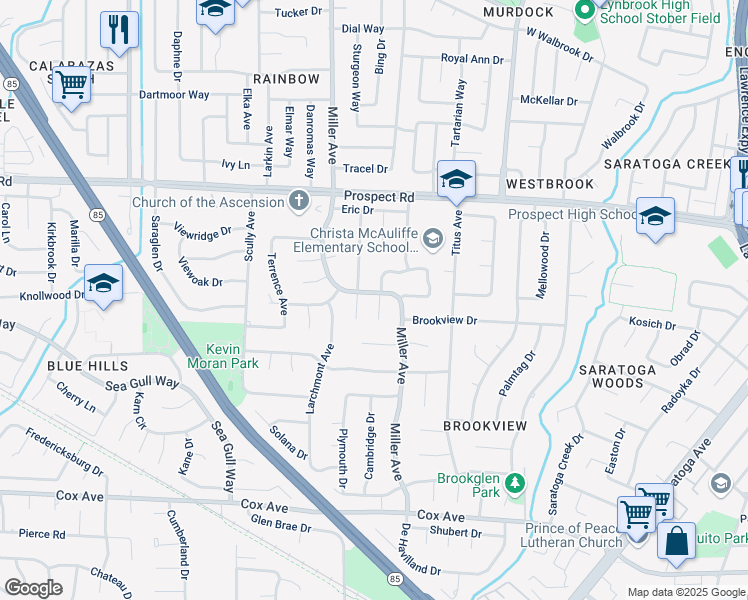 map of restaurants, bars, coffee shops, grocery stores, and more near 12257 Mabel Court in Saratoga