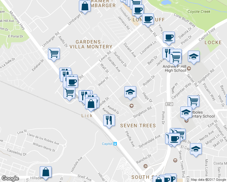 map of restaurants, bars, coffee shops, grocery stores, and more near 3090 Water Street in San Jose