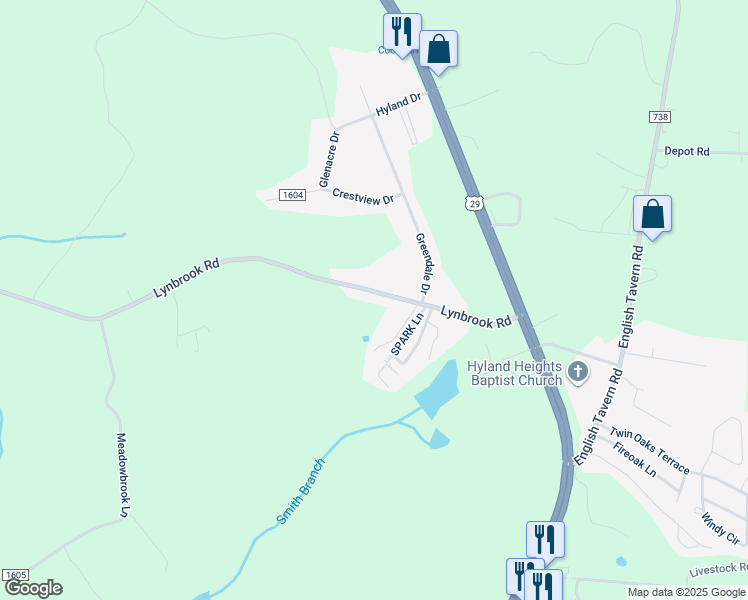 map of restaurants, bars, coffee shops, grocery stores, and more near 364 Lynbrook Road in Rustburg