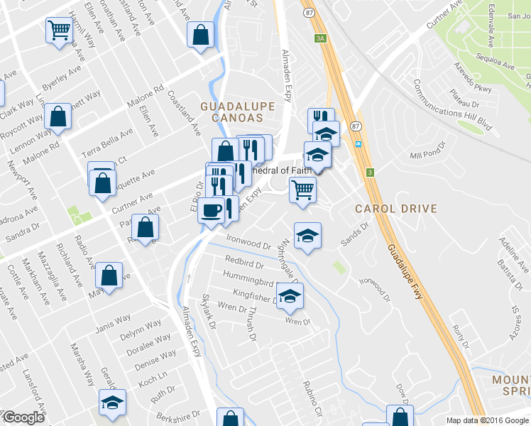map of restaurants, bars, coffee shops, grocery stores, and more near 2416 Rinconada Drive in San Jose