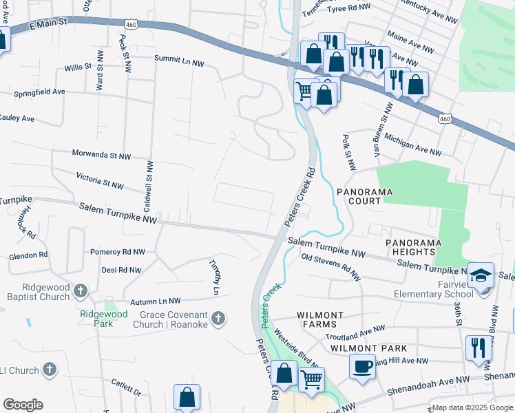 map of restaurants, bars, coffee shops, grocery stores, and more near 4217 Moomaw Avenue Northwest in Roanoke