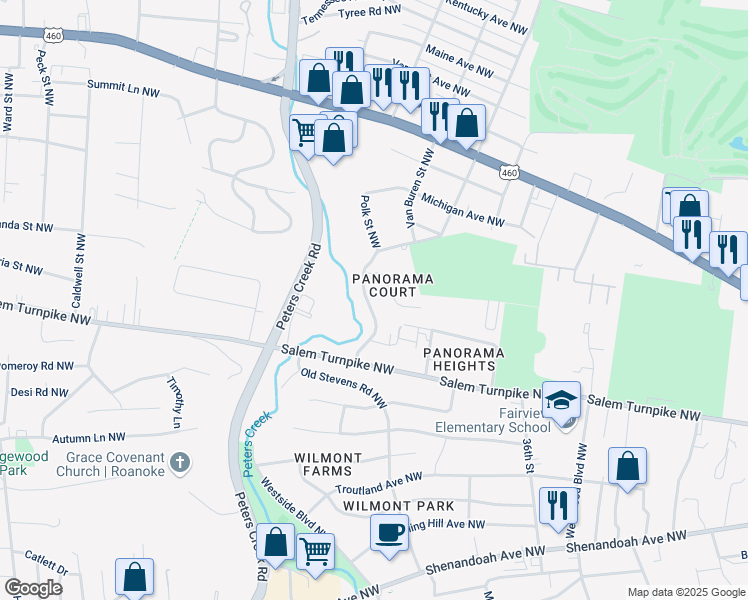 map of restaurants, bars, coffee shops, grocery stores, and more near 817 Westside Boulevard Northwest in Roanoke